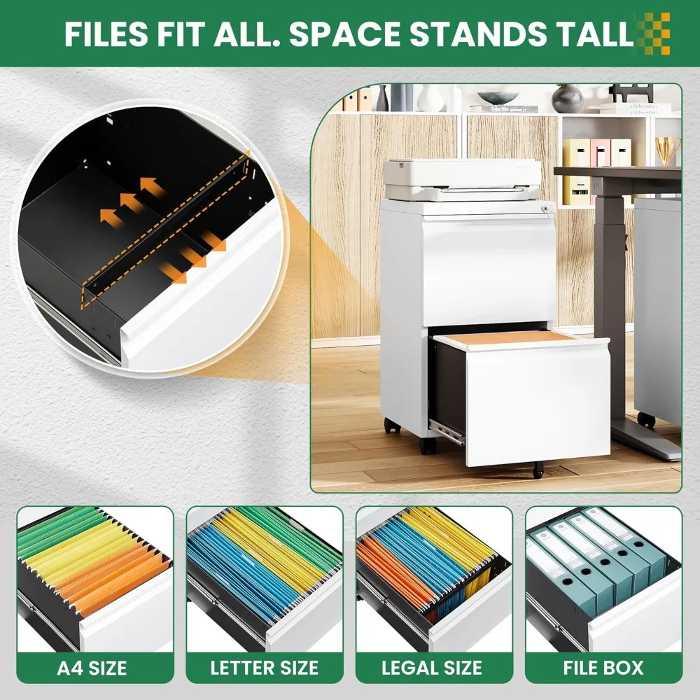 Under Desk 2-Drawer Mobile File Cabinet with Lock, Legal/Letter/A4 Size, White, Fully Assembled, Rolling Storage Solution