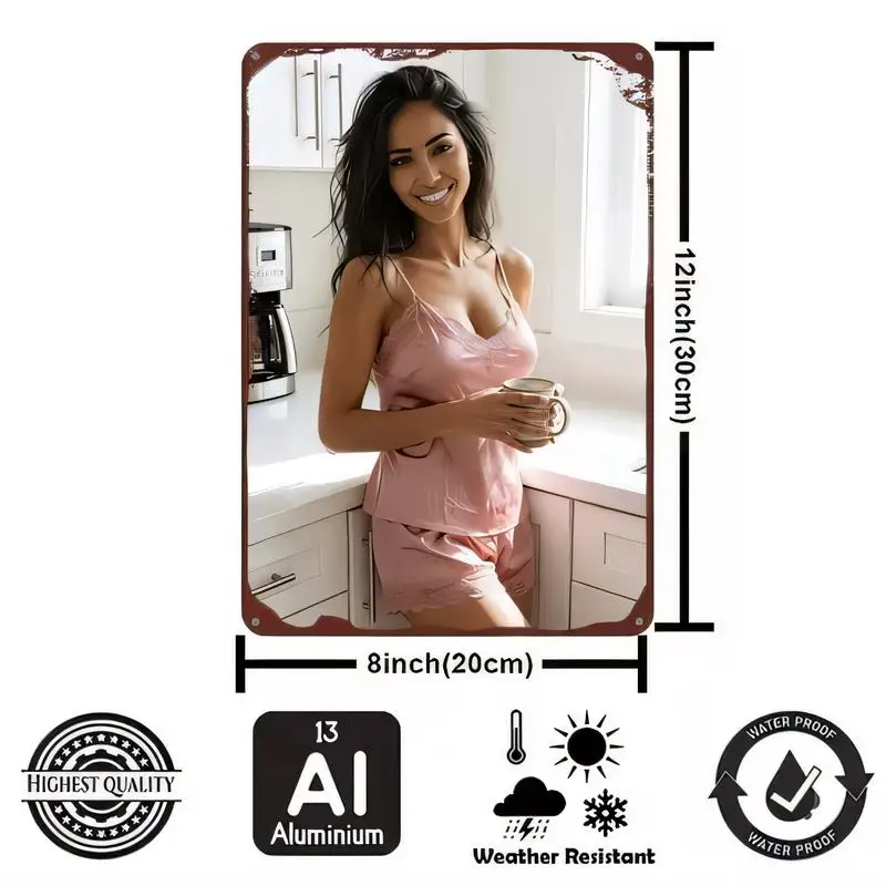 Vintage Distressed Aluminium Tin Sign, 8x12in Pink Pajamas Girl Coffee Kitchen Design, Waterproof Weather-Resistant Wall Decor f