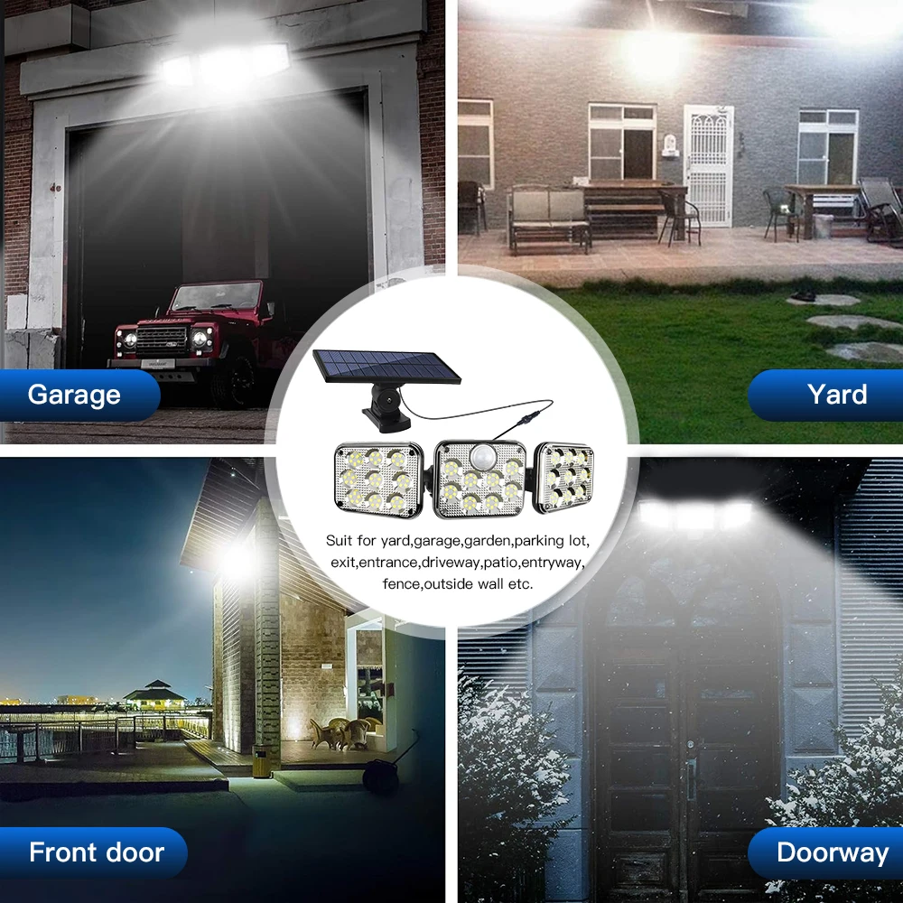 LED Solar Lights Outdoor 3 Head Motion Sensor 270° Wide Angle Illumination Waterproof Remote Control Wall Lamp (138LED)