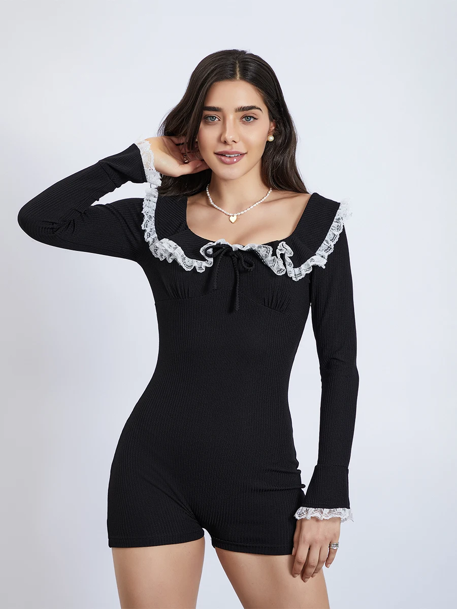 المرأة الصيف رومبير عادية الدانتيل المرقعة خارج الكتف قصيرة الأكمام بذلة Playsuit ارتداءها كلوبوير الشارع نمط