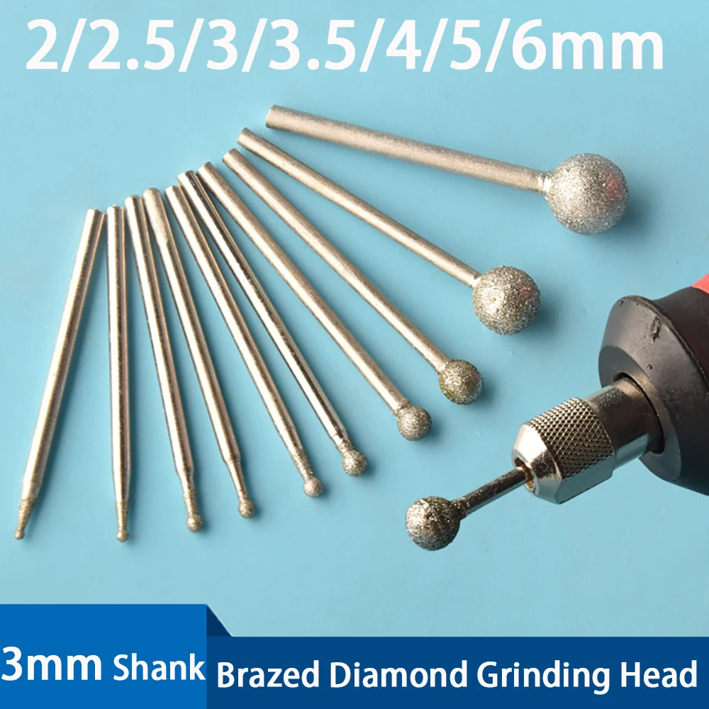 

2/2.5/3/3.5/4/5/6mm Ball Brazed Diamond Grinding Head 3mm Shank Round Ball For Burrs Polishing Abrasive Accessories Rotary Tools