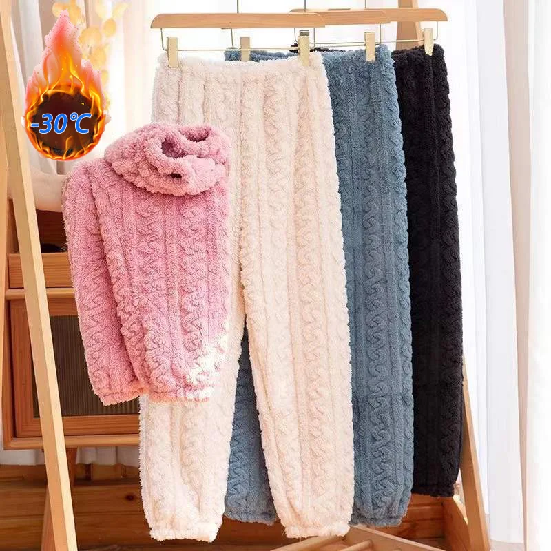 New Flannel Pajama Pants Men and Women Winter Couple Lounge Wea Casual Soft Warm Homewear Plus Velvet Coral Fleece Home Pants