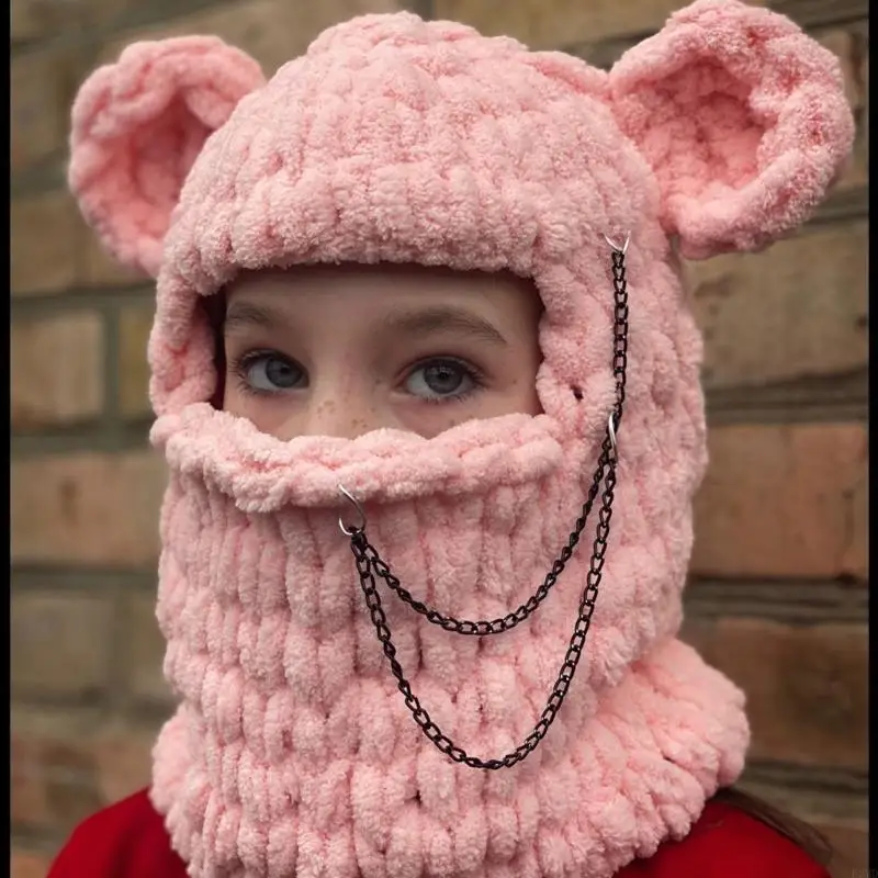 Cartoon Bear Ear Knitted Hat Neck Guard Winter Eye Exposed Cycling Hat for Girl F3MD