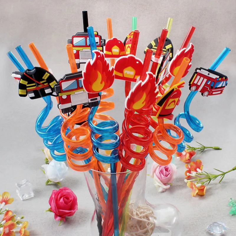 6pcs12pcs 26cm Fire Engines Party Favours Drinking Straws Reusable Plastic Spiral Straw for Fire Truck Birthday Party Supplies