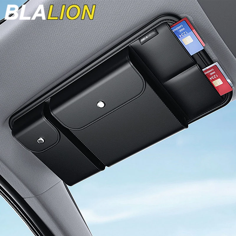 BLALION Car Sun Visor Organizer Multi-Pocket Leather Sunglasses Holder Storage Card Holder Card IC Glasses Clip Sunshade Bag