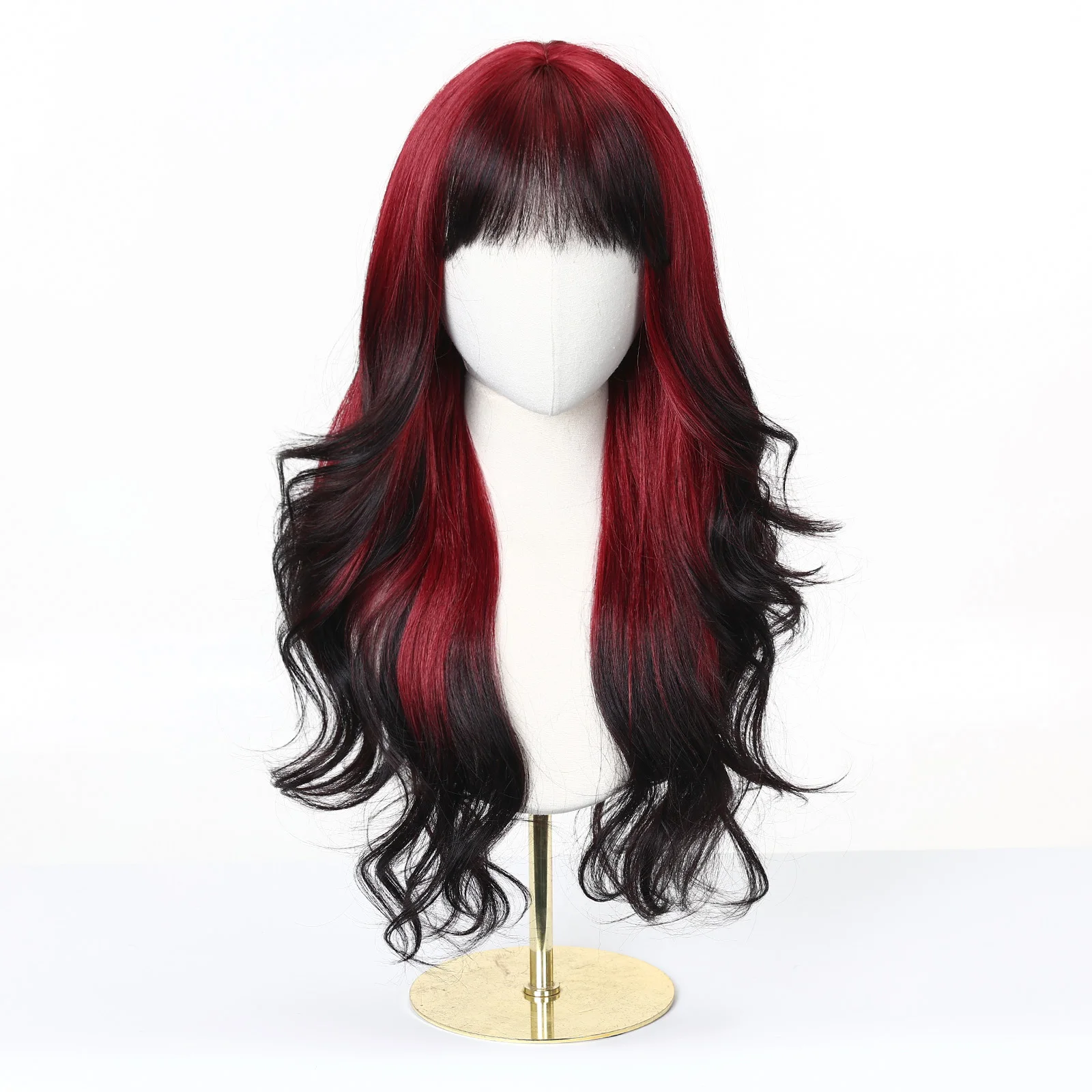 Long Red Black Ombre Wave Synthetic Wigs with Bangs for Women Daily Cosplay Halloween Costume Hair Christmas Wig Heat Resistant