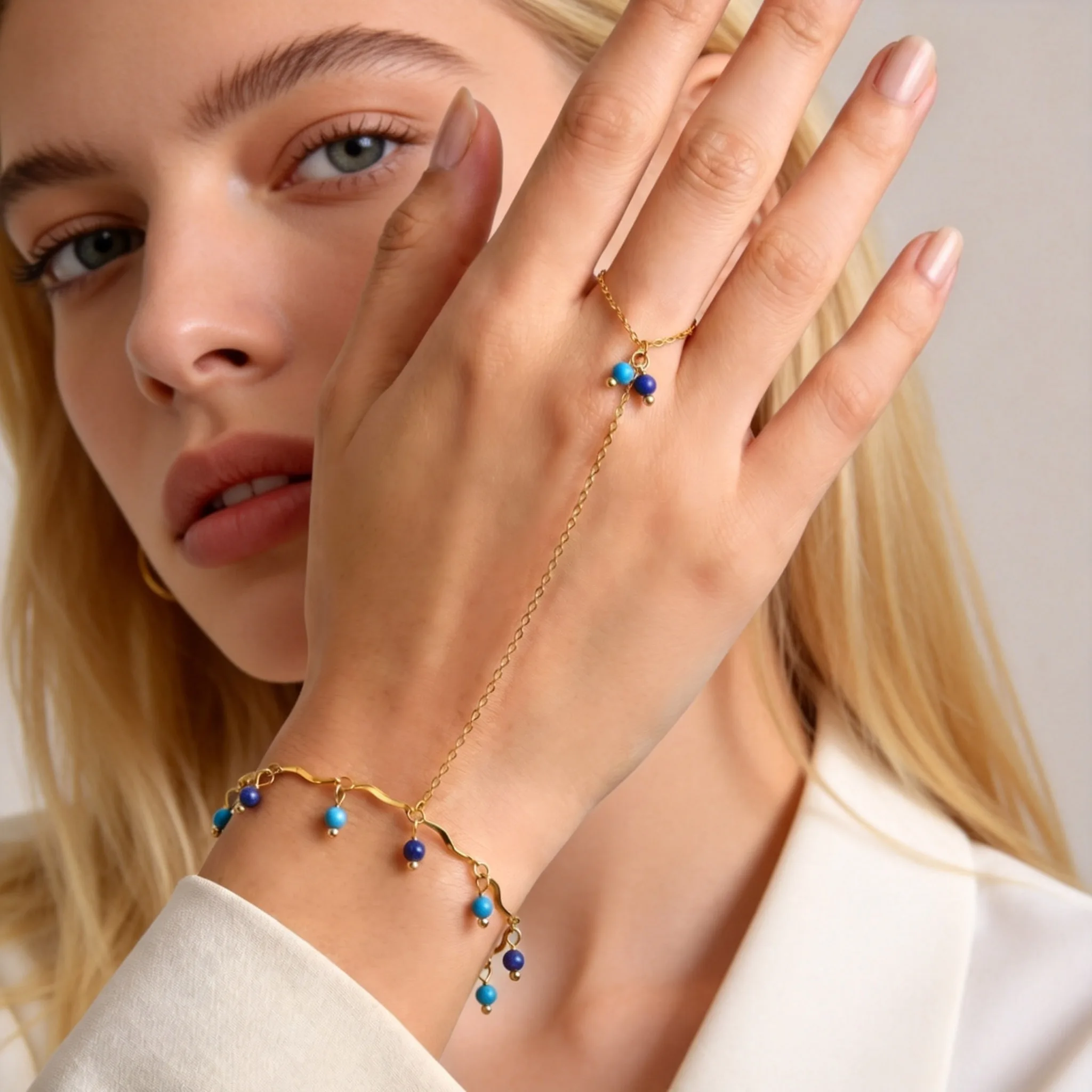 Wave Chain Beaded Hand Chain Bracelet for Women Turquoise Lapis Dangle Charms Finger Chain Bracelets Boho Wrist Finger Jewelry