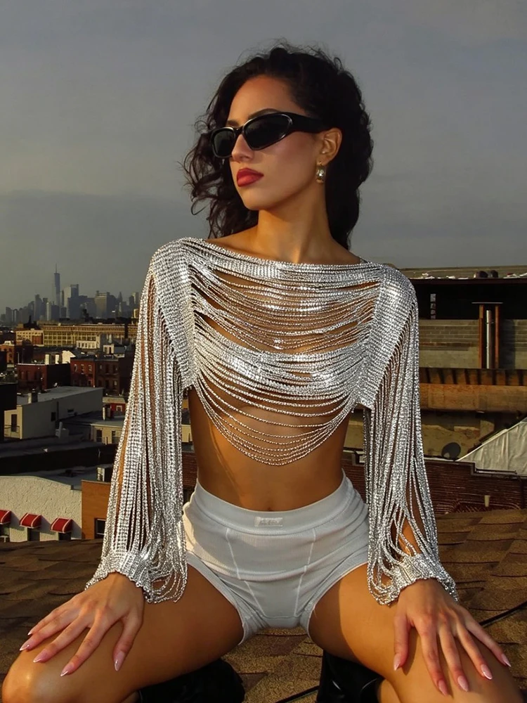 Shiny Sequins Long Sleeve Crop Top For Women Backless Sexy Hollow Out See Through Tassel T Shirt Rave Music Festival Party Tops