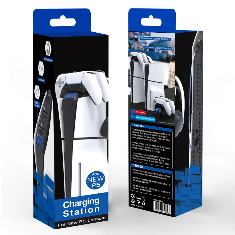 Carregador Controlador com Indicador LED, Estação de Carregamento Rápido, Base de Carregamento Dupla, Compatível para PS5 Slim, Controladores de Jogo