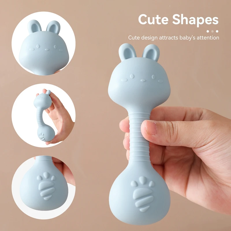 Silicone Rattle Teeth Toy 0-12 Months Baby Teething Chewing Toys Cartoon Rabbit Touch Sound Sensory Teething Gifts For Newborns