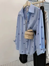 Bow Printed Solid Color Loose Casual Shirts For Women's Single Breasted Blouses Woman Clothes Tops