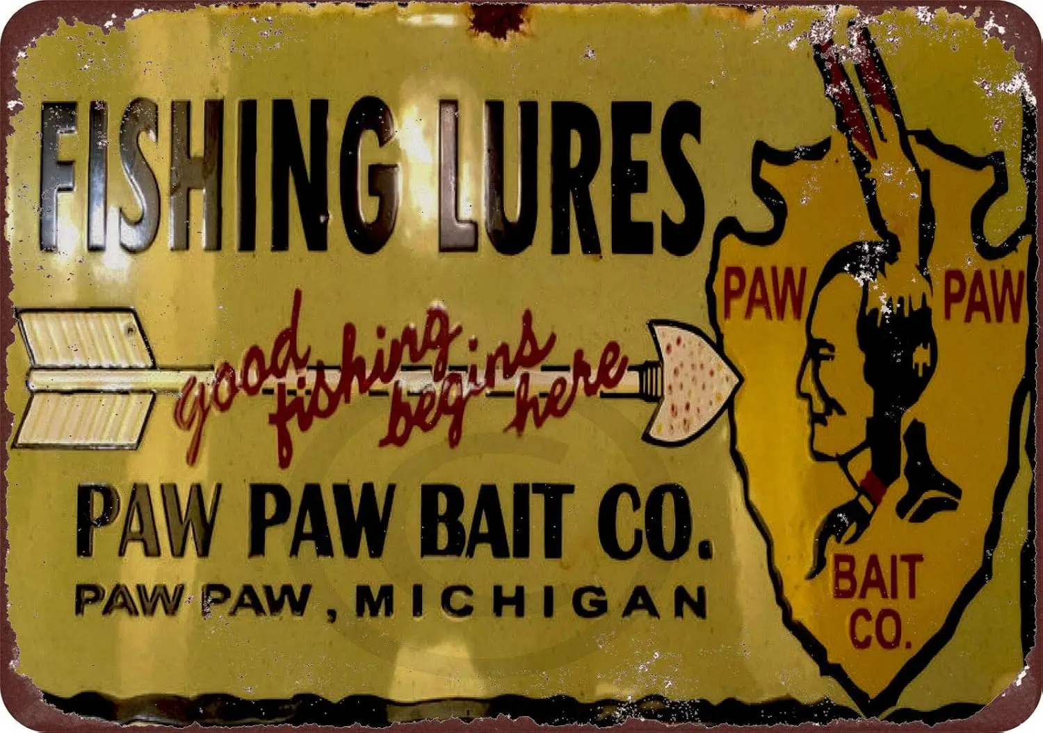 HomDeo Novelty Retro Barber Shop Decor Art Metal Signs Vintage Farm Paw Paw Bait Co. Fishing Lures Tin Sign 8 x 12 Inches Baseme