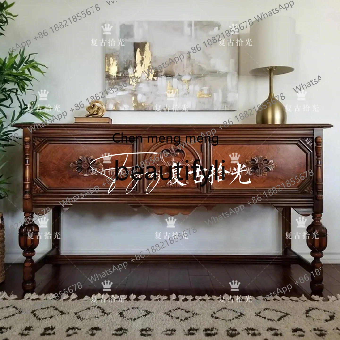 

French Retro Solid Wood Carved Entrance Cabinet Entryway Living Room Wall-Mounted Decorative Cabinet Storage Cabinet