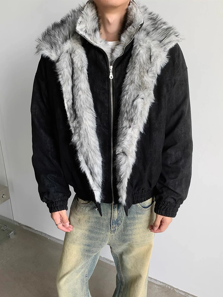 

Wolf King Mountain Eagle Cotton Jaet Men's Winter Thiened Faux Two-Piece Double Layer Fur Collar Fce Lined ort ...