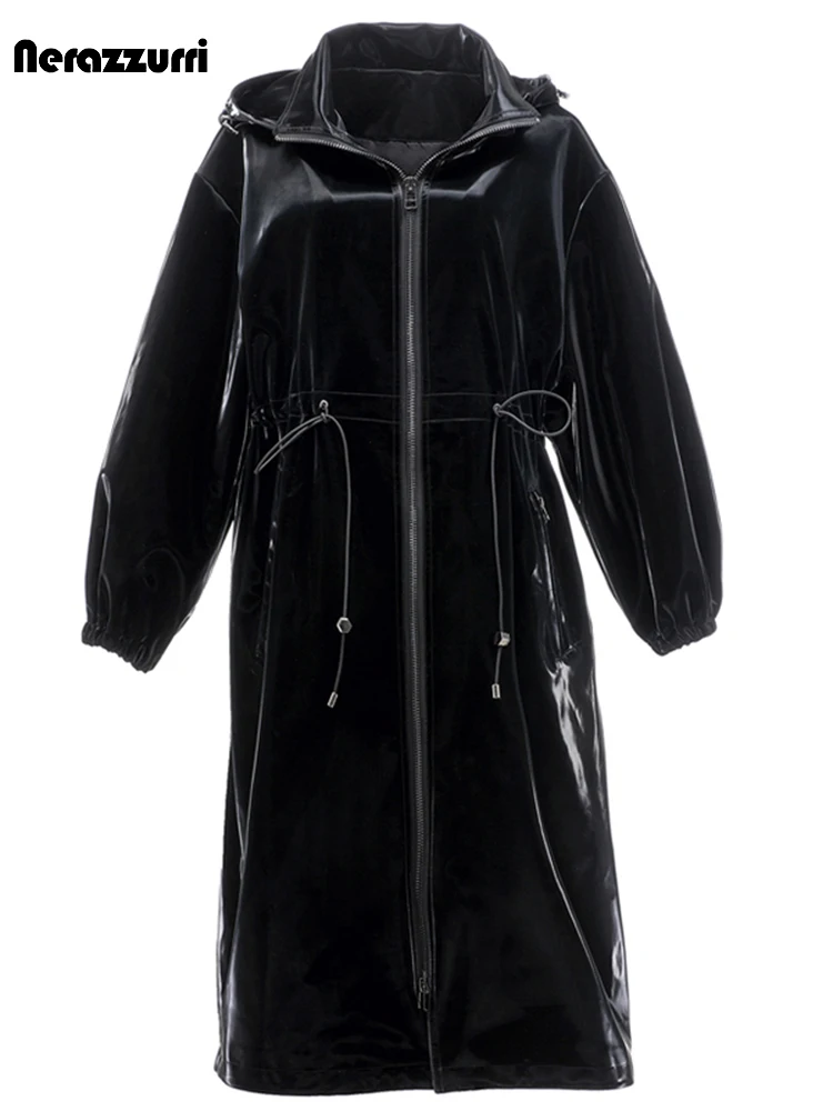 Nerazzurri Spring Long Black Shiny Patent Pu Leather Trench Coat for Women with Hood Zip up Fall European Fashion Windbreaker