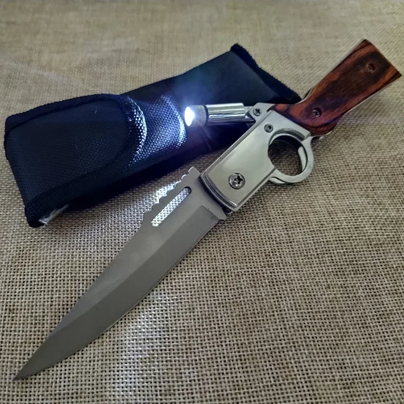 Folding Knife 5Cr15Mov Blade Rosewood Steel Handle Survival Pocket Knives Outdoor Camping Knife Hunting Tools with Led Light