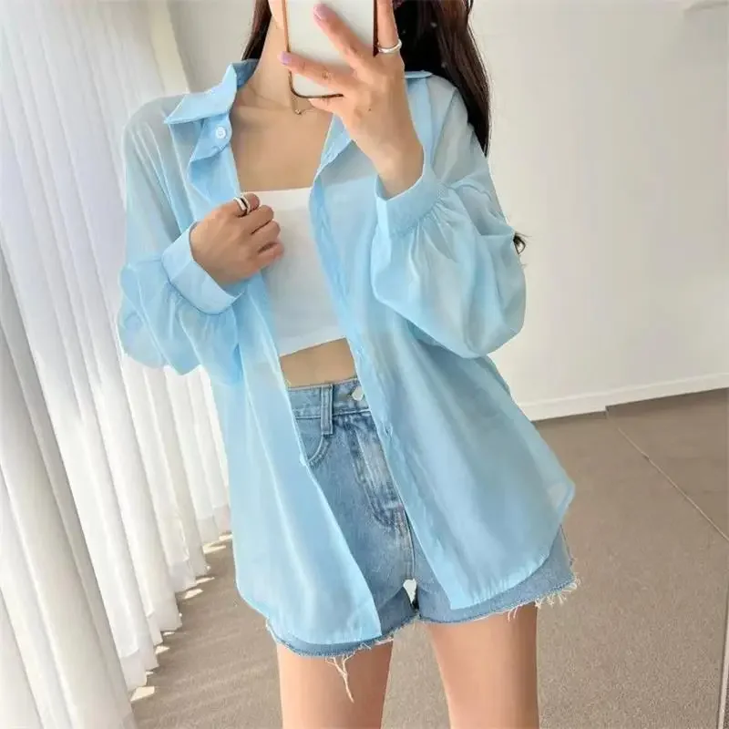 Shirts Women Sheer Thin Chic Summer Simple Solid Sun-proof Tops Fashion Baggy All-match Basic Korean Style Sexy Clothes