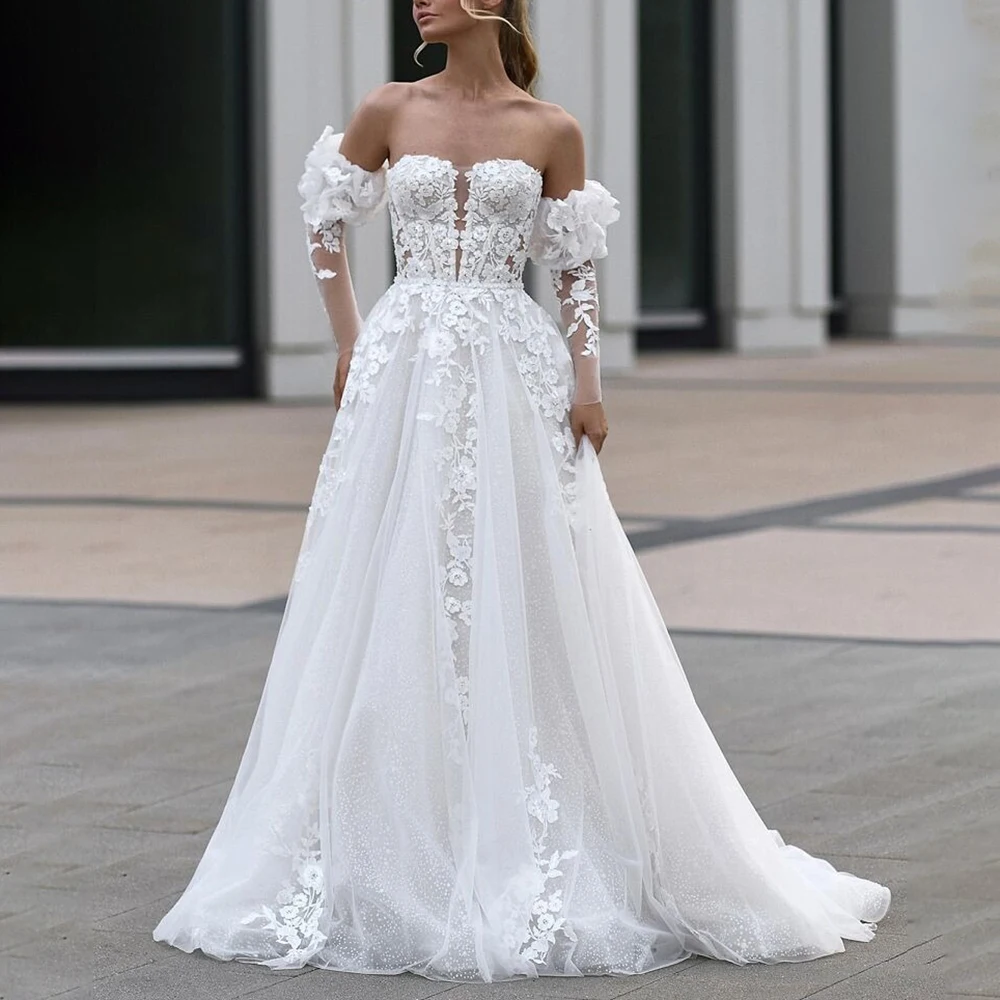 Col bateau Tulle a-ligne longue robe de mariée Appliques dentelle dos nu robe de mariée avec balayage Train sur mesure vestido de noiva