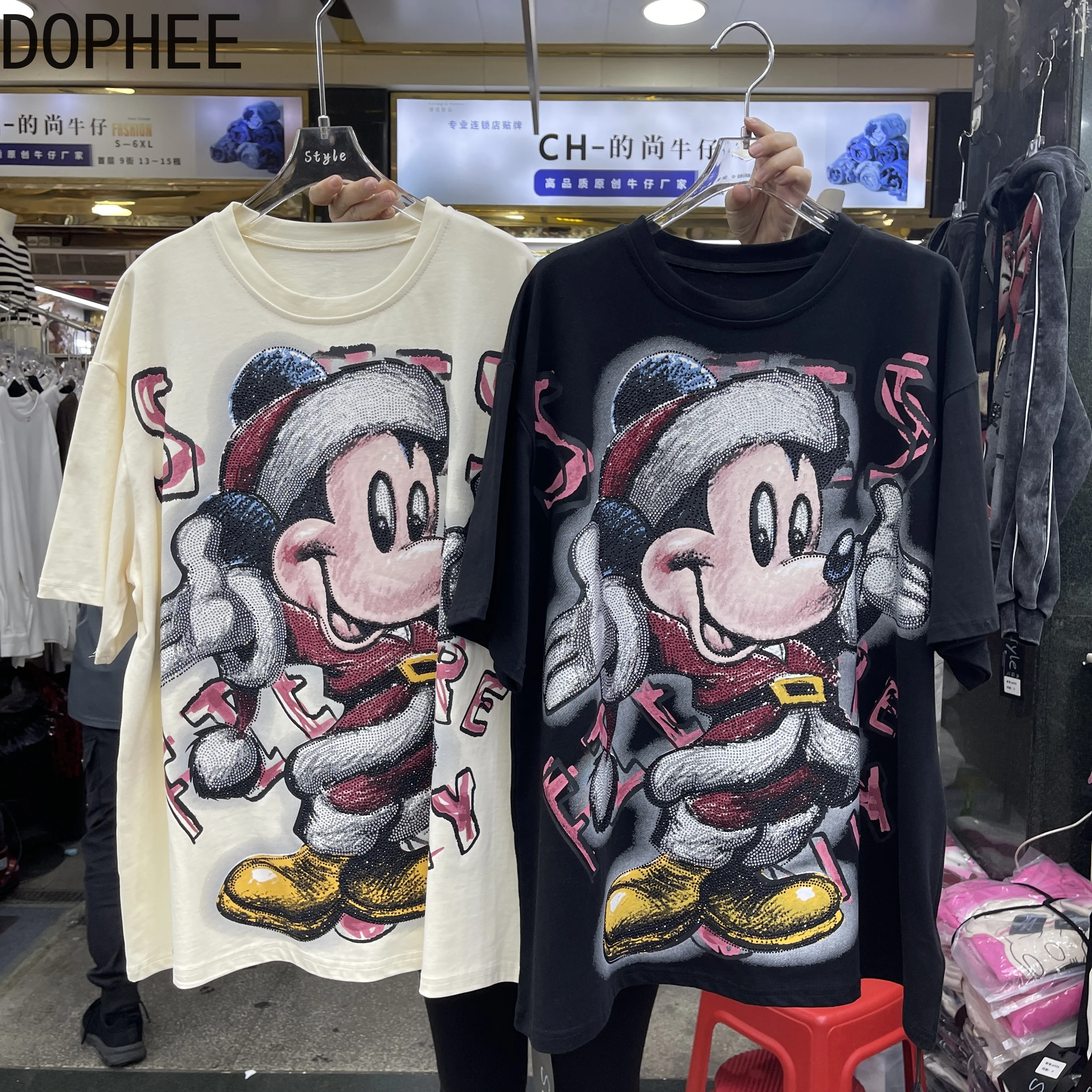

Trendy Spring Summer Women Short Sleeve T-shirt Cute Mickey Diamond Printed Oversize Pullover Top Round Neck Casual Mid-long Tee