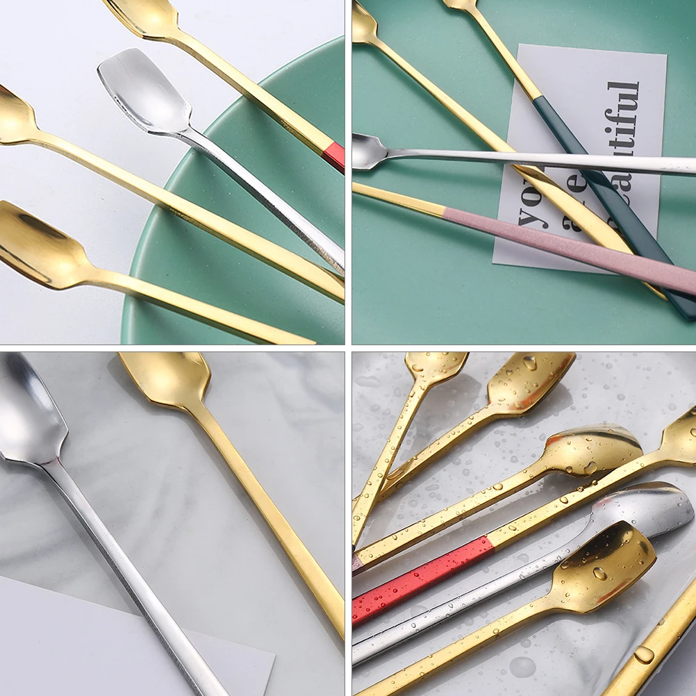 

6pcs Spoon Retro Texture Stainless Steel Mirror Polished Long Long-Handle Mixing Scoop Handle Mixing Scoop Easy Clean