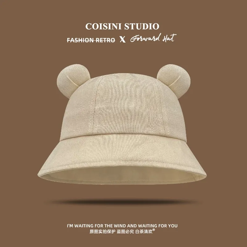 Japanese Cute Solid Color Bear Ears Bucket Hat Women Spring and Summer Travel Large Brim Light and Breathable Leisure Basin Cap