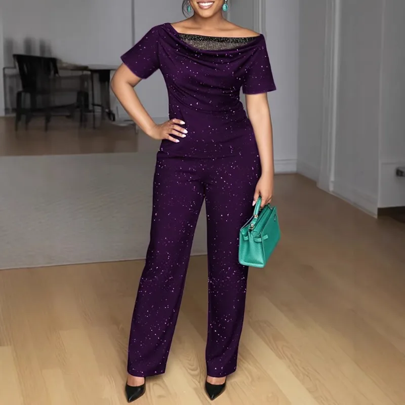 Women Sequin Jumpsuit Off Shoulder Wide Leg Romper Elegant Party Evening Club Long Pants One Piece Outfit