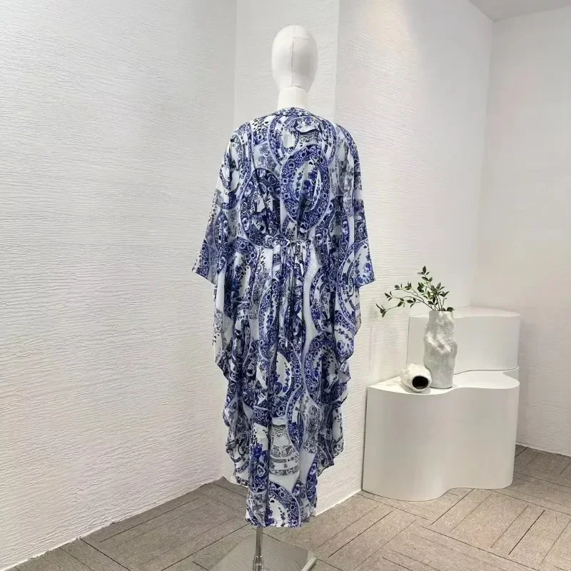 Vintage Silk Midi Dress for Lady Blue White Porcelain Print Long Sleeve Diamonds Pressed V-Neck Loose Fashion Collection 2024