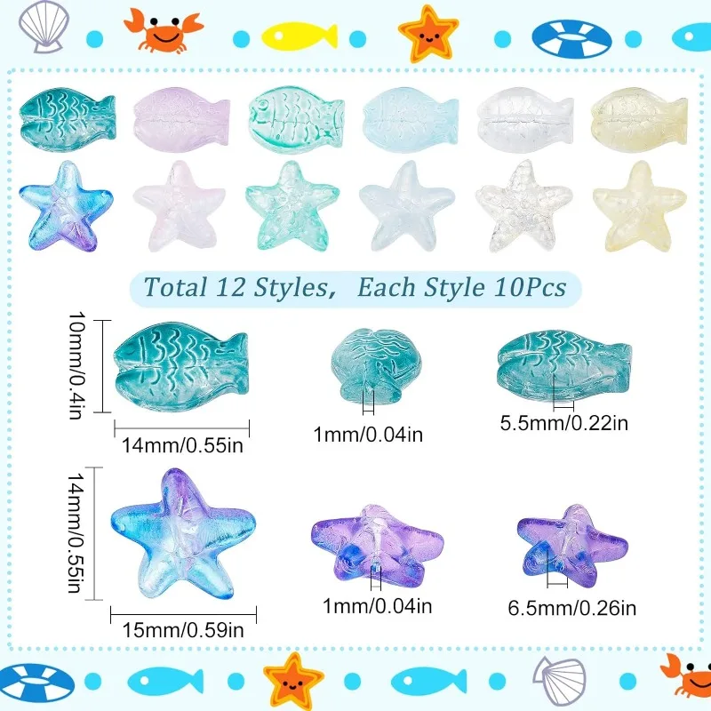 120Pcs Fish Beads Starfish Beads Glass Star Bead Sea Animal Loose Spacer Transparent Colorful Bead Double Sided Fish Beads