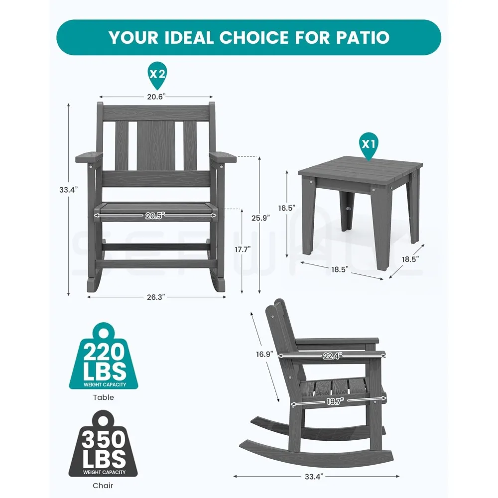 3 Piece Rocking Bistro Set, Patio Furniture Set with 2 Outdoor Rocking Chairs and 1 Side Table for Backyard, Porch, Pools