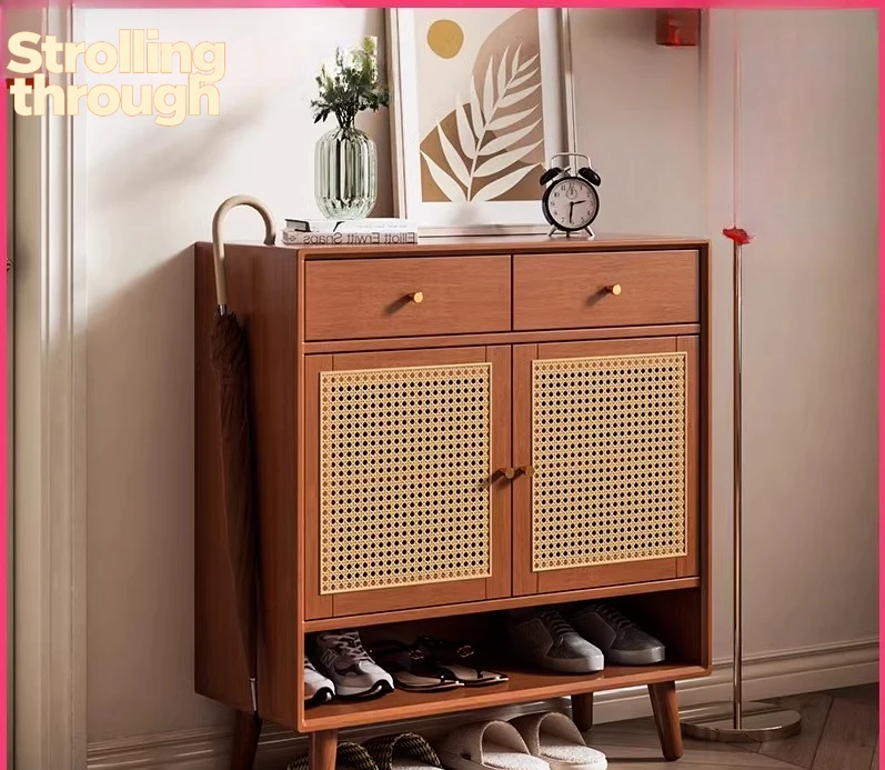 

Тумба для обуви из массива дерева и ротанга, простая и современная, для прихожей, вместительная японская тумба для хранения вещей в прихожей.