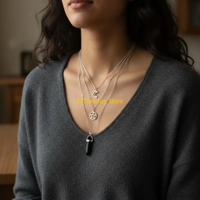 Y5GC Hexagonal Agate Necklace Triple Layer Sun Moon Crystal Pendant Jewelry For Women