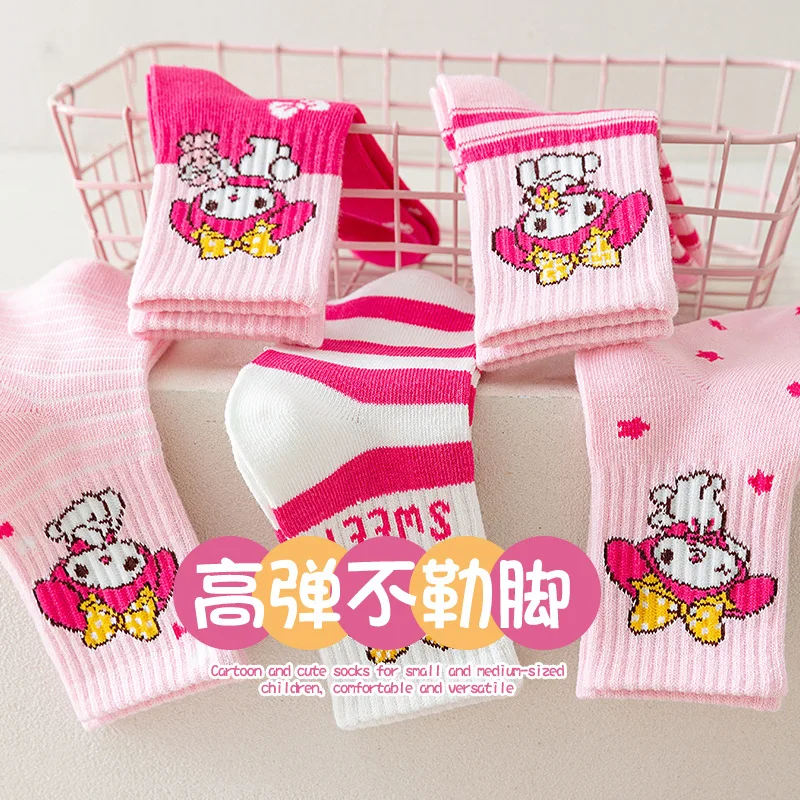 5 Pairs Sanrio My Melody Cute Pink Striped Sweet Kids Socks Cartoon Patterns 3-12 Years Girls Combed Cotton Socks Girls Gifts