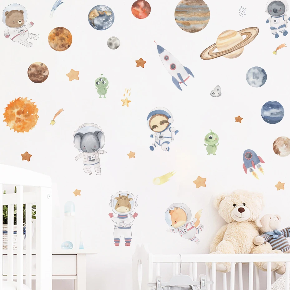 Cartoon Solar System Alien Astronaut Stars Wall Stickers for Kids Room Bedroom Reading Room Wall Decals School Nursery