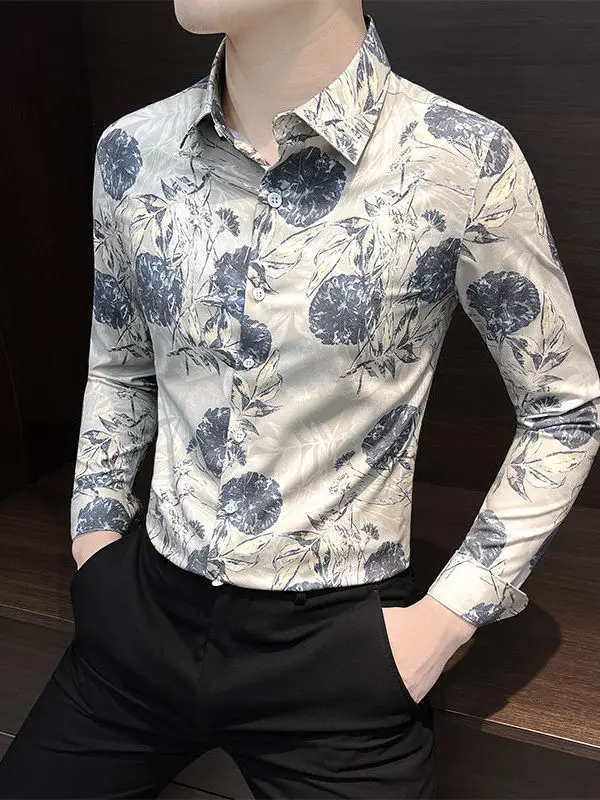 

New 2025 Men's Floral Print Long Sleeve Ice Silk Slim Fit Shirt Korean Style Casual Top Fashionable Autumn Wear for Youth
