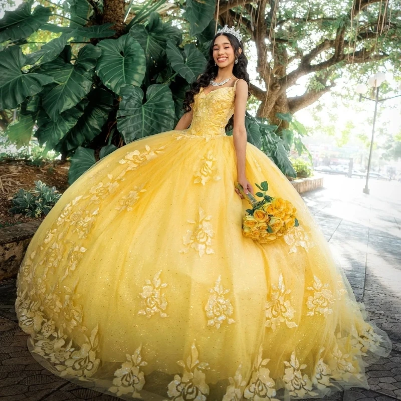 Yellow Shiny Quinceanera Dresses Appliques Lace Tull Off Shoulder Corset Prom Party Gown Sweet 16 Vestidos 15 De XV Anos