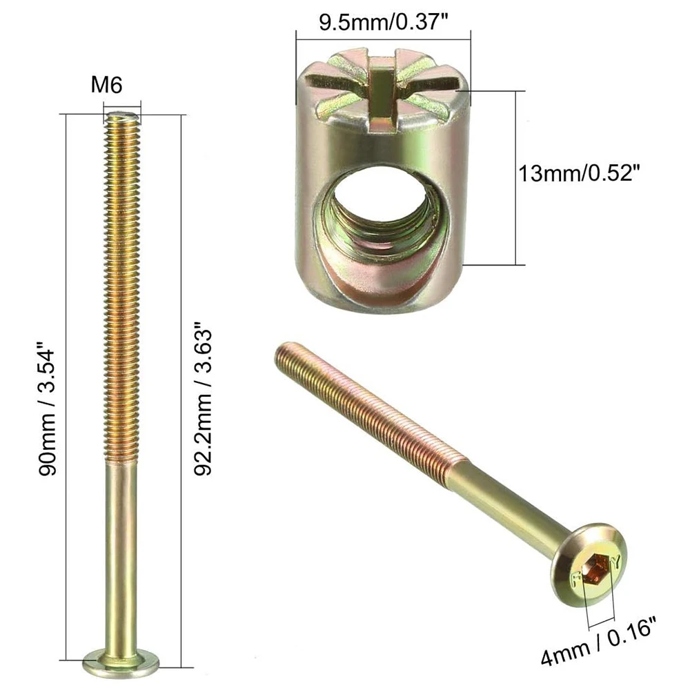 10-Pack M6 x 90mm Hex Allen Head Furniture Crib Baby Bed Bolt and Barrel Nuts, for Bunk Bed Chairs Cots Headboard