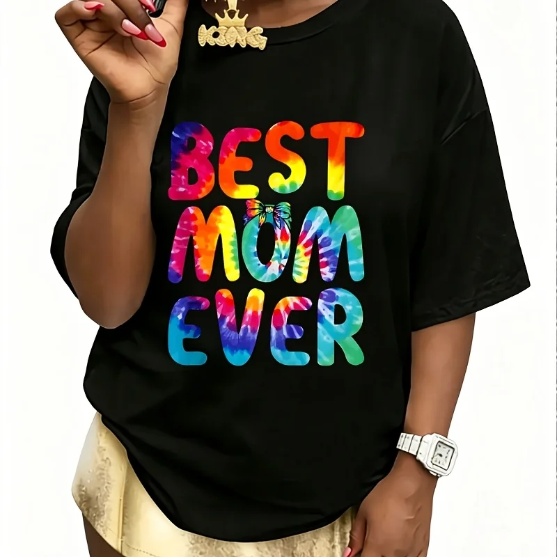 Best Mom Ever Happy Mother's Day Tie Dye Style Women's 100% Cotton T-Shirt Short Sleeve Top Casual Round Neck Fun Print Tee S-5Xl