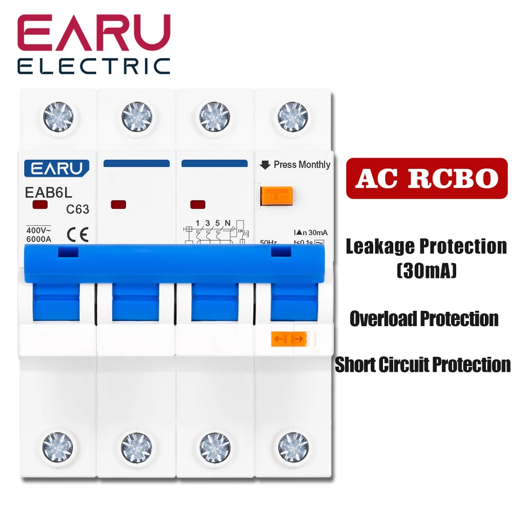 4P 30mA AC230V MCB Leakage Protector RCBO Overload Short Circuit Protection Residual Current Circuit Breaker Switch RCCB RCD