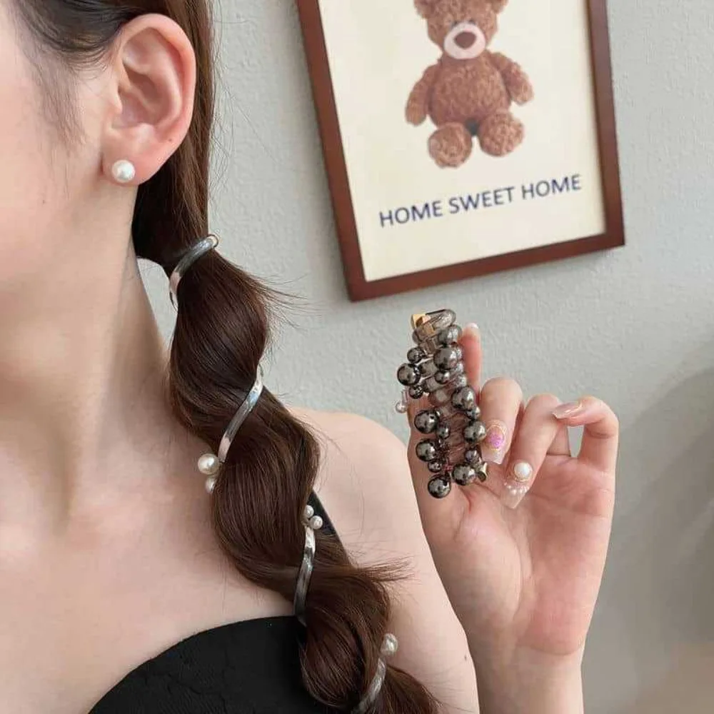 New Telephone Wire Elastic Hair Band Bubble Braid Pearl Phone Cord Hair Tie Hair Accessories Spiral Rubber Band Women