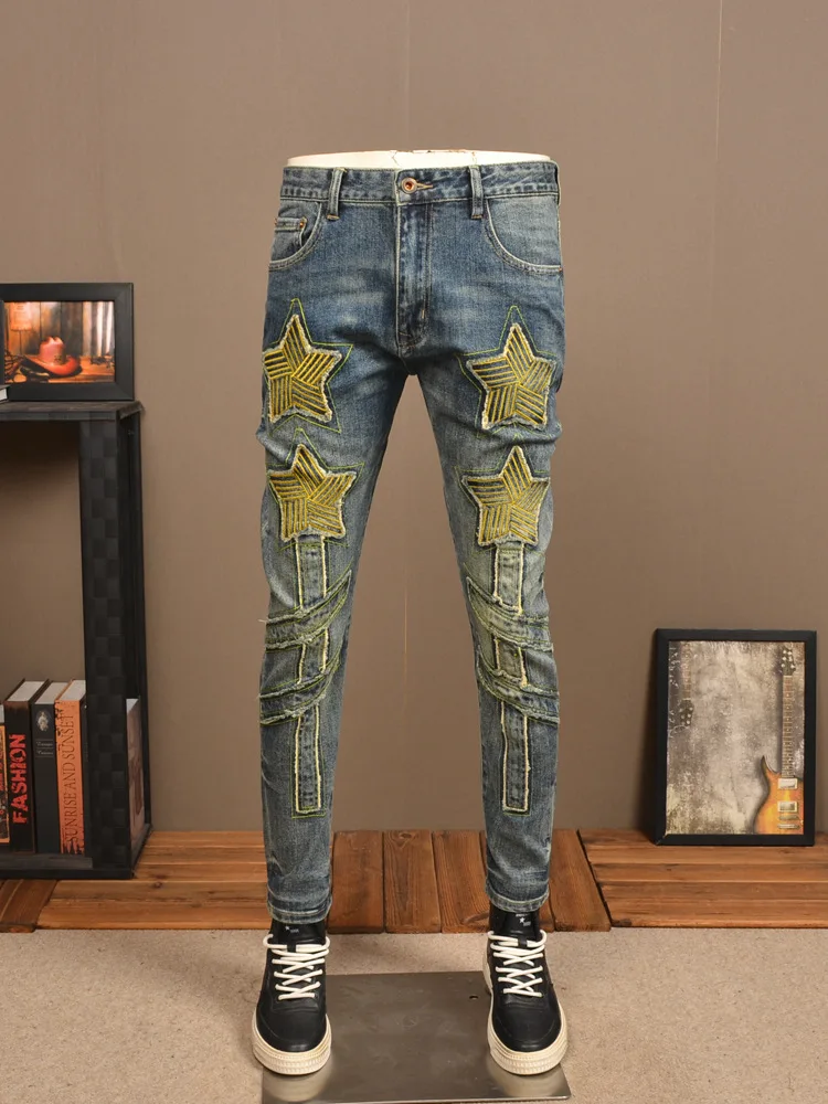 Retro XINGX Embroidered Jeans Men's Fashion Street Slim Fit Skinny Stretch Patch Washed Distressed Casual Men's Trousers