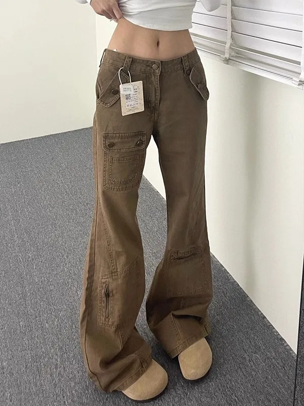 American High Street Khaki Workwear Jeans Women's Loose Wide Leg Pants Micro Flared Long Trousers Casual High Waist Jeans