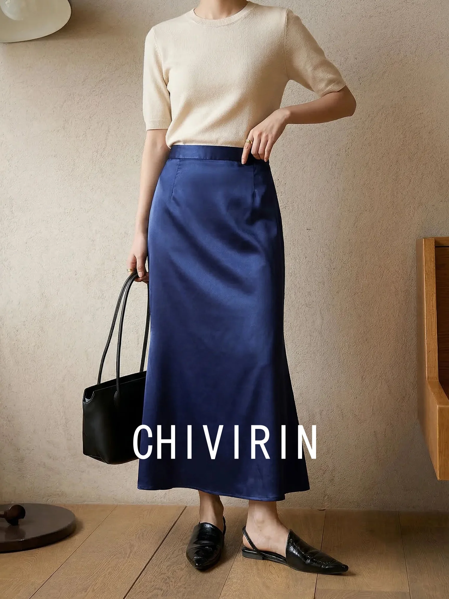 

Элегантная свободная юбка миди с высокой талией для женщин, летняя, синяя, для офиса, Chivirin, из полиэстера и ацетатного волокна, прямого кроя
