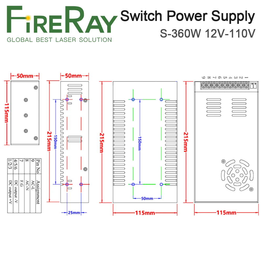 FireRay 360W Switch Power Supply S-360W DC12V-110V Single Output for Laser Machine