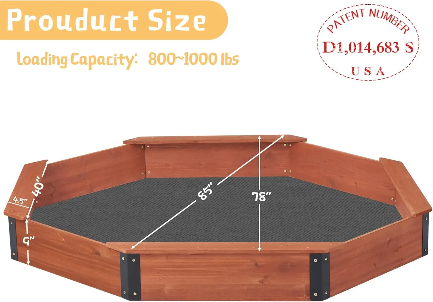 

85''x78''x9'' Octagon Sandbox with Cover for Kids Outdoor Play, Wood Large Sandpit with 4 Benches