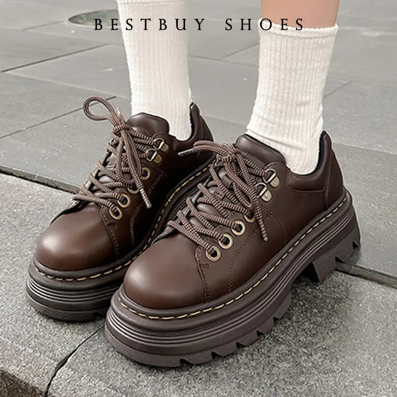 

2025 Derby Shoes Autumn British Style Female Footwear Loafers With Fur Round Toe Clogs Platform Casual Sneaker Leather Shoes