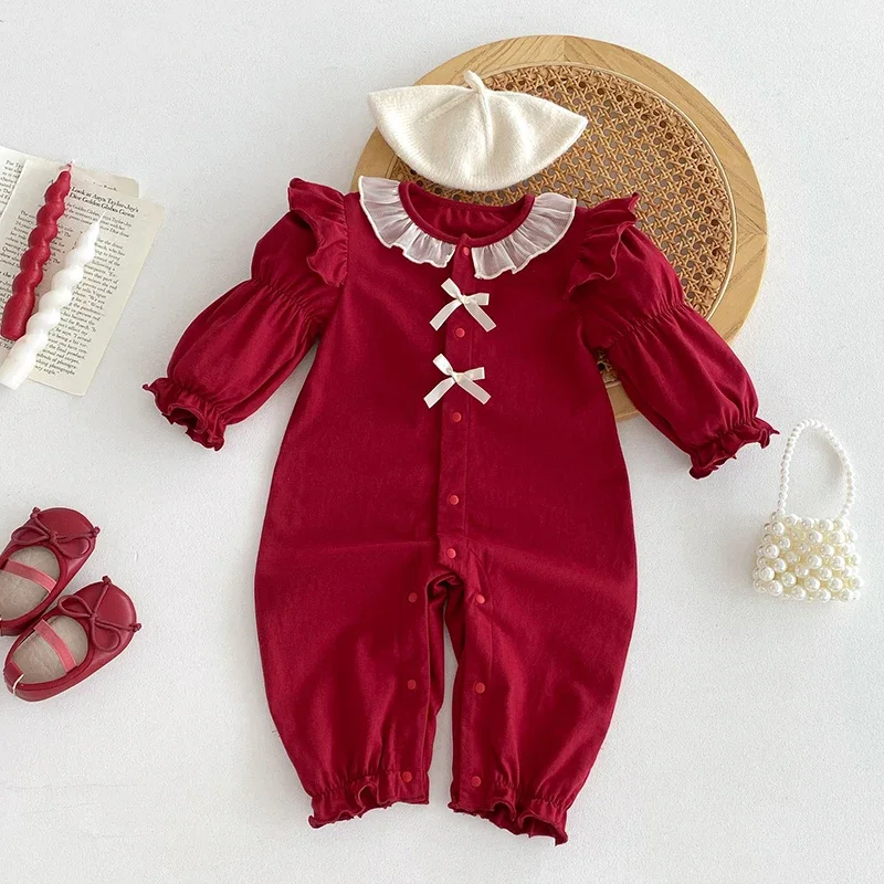2025 New Autumn Christmas Style Infant Baby Girls Jumpsuit Long Sleeved Cotton Splicing Newborn Romper 0-24M Baby Girls Clothing