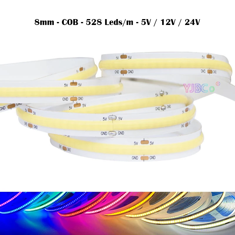 

12V 24V 5V DC 528LEDs/m 5M White/Warm white/Natural White/Blue/Ice Bule/Red/Green/Pink Flexible COB LED Strip 8mm PCB Light Tape