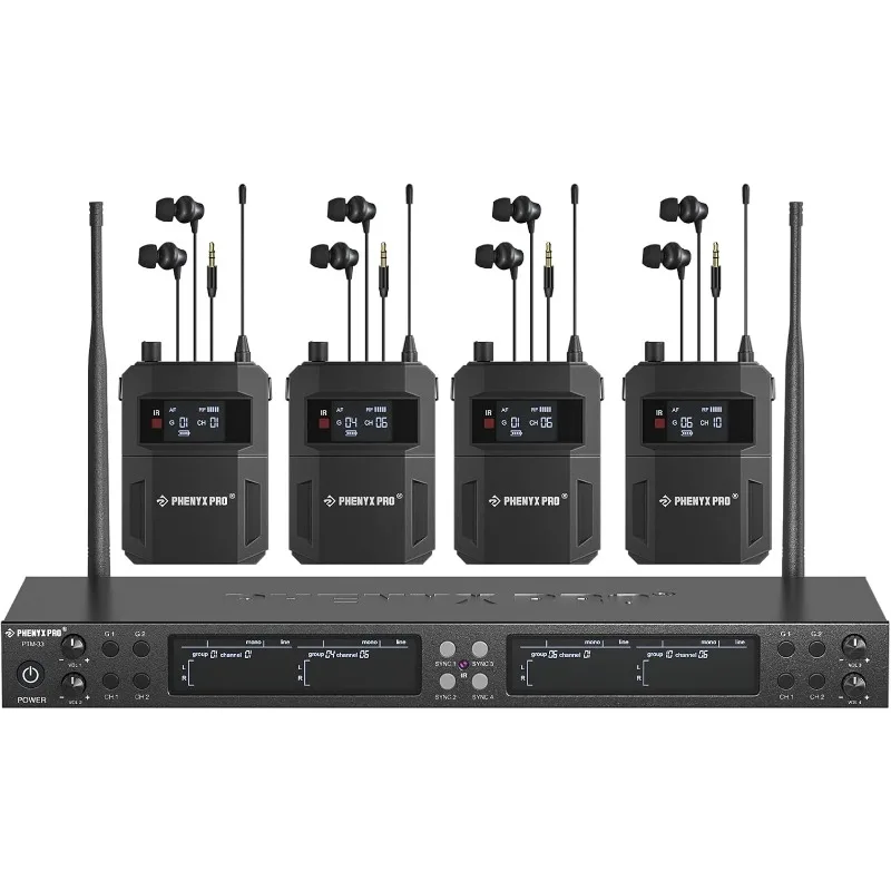 Wireless in Ear Monitor System, Quad-Channel Wireless IEM System, Metal IEM w/ 4 Bodypacks, 4x25 UHF Frequencies, Rac