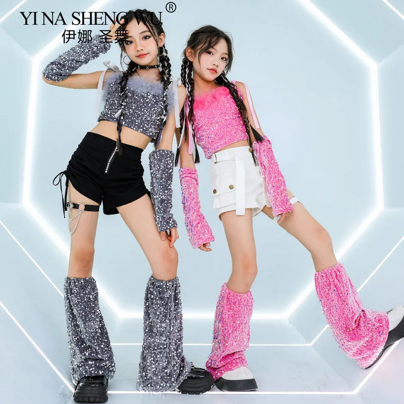 Costume da jazz con paillettes rosa Vestito da palcoscenico per ragazze Hip Hop Pantaloncini bianchi neri Kpop Kid Glitter Abiti di moda Vestito da spettacolo di danza