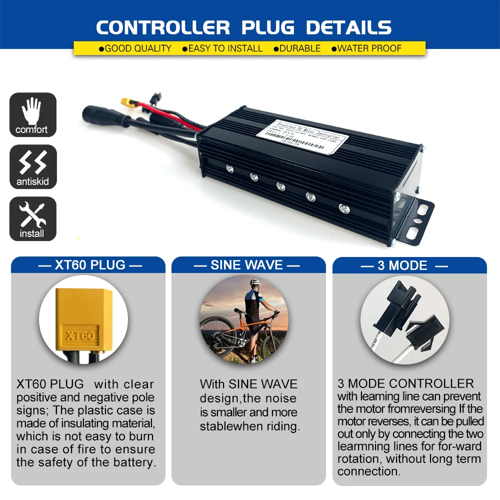 Ebike Sine Wave Waterproof Controller 17A 26A 30A with Learning Function and LCD Color S966 Display For 250W-1000W Hub Motor